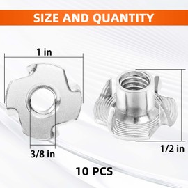 3/8"-16 T-Nut, 7/16" Barrel Length, 304 Stainless Steel Threaded Insert, 4-Pronged Tee Nut for Wood, Rock Climbing Holds, Cabinetry, Furniture, 10 PCS