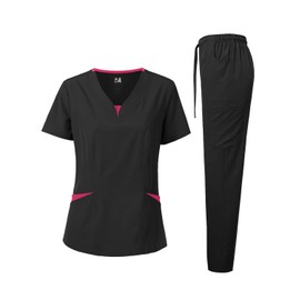 Dagacci Medical Uniform Women's Scrubs Set 4-Way Stretch Split Contrast Net and Pocket (X-Small, Black)