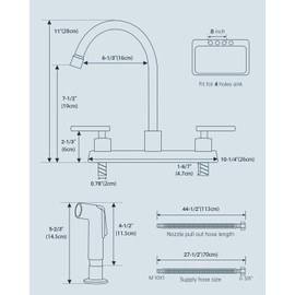 APPASO Kitchen Faucet with Side Sprayer, 2-Handle High Arch SUS304 Stainless Steel Brushed Nickel Kitchen Faucet with Pull-Out Side Spray for RV Laundry Utility Bar, 8-in 4-Hole Installation