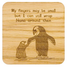 Laser Engraved Oak Veneer Coaster Sentimental for Parents or Grandparents, Birthday Present (Wrap Nana Around My Fingers)