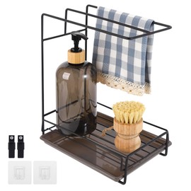 LecuSyn Wall Mounted Kitchen Sink Caddy,Large Sponge Holder for Kitchen Countertop with Hooks for Dish Brush Cloth Gloves,Towel Holder and Brush Drainer Rack, Kitchen Organiser for Sink Tidy, Black