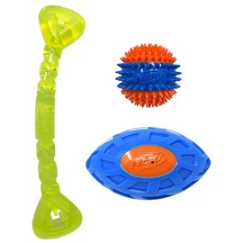 Nerf Dog Three Toy Gift Set: Spike Squeak Ball, Treat Tug Bone, and EXO Squeak Football Gift Set