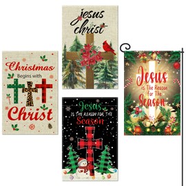 4Pcs Christmas Cross Garden Flags Jesus is The Reason for The Season Garden Flag Banner 12 x 18 Inch Double-Sided Religious Christmas Garden Flag Yard Sign for Outdoor Indoor Christmas Holiday Decor