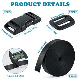 Buckle Straps Set 3/4'' - 6 Yards Nylon Webbing 3/4 inch, 6 PCS Dual Side Release Buckles, 12 PCS Tri-Glide Sliders, Heavy Duty Dual Adjustable No Sewing Kit