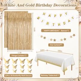 Birthday Decorations for Women, Golden Birthday Party Decorations, White Sand Beige Gold Balloons Tablecloth Birthday Sash Crown Fringe Curtain Butterfly Decor Gold Party Decor for Women Girls Bday