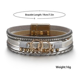 LSxAB Grey Multi-Layer Leather Wrap Bracelet for Women Gold Tone Colorful Bohemian Braided Wristbands Bracelets
