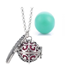 Collar Llamador de Angel - ALA DE ANGEL PLATEADA - Colgante Dije Esfera con Cascabel, Proteccion y Armonia Amuleto Espiritual Energia Positiva Regalo Especial para Mujer Angeles de la Guarda Amuleto de Proteccion Talisman- VA025 Plateada - Bola Turquesa