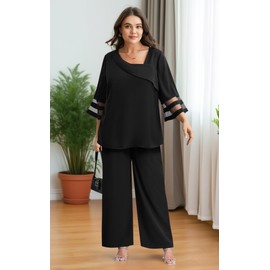 AOVDE Plus Size Pant Suits 2 Piece Casual Dressy Pantsuits Mesh Panel Bell Sleeve Outfits for Women Evening Dinner Party 22 Black
