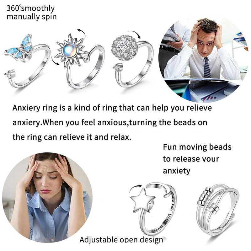 HIFOT 5Pcs Anxiety Ring for Women, Silver Fidget Ring for