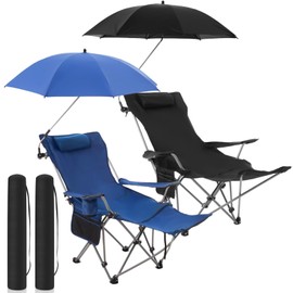 Yuntau 2 Set Reclining Camping Chair with Umbrella Clamp, Adjustable Beach Chair with Foot Rest, SPF 50+, Folding Shade Camping Lounger Recliner for Adult Outdoor(Black,Blue,Oxford)