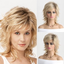 AUBWIG Medium Length Blonde Wigs for Women Natural Fluffy Shaggy Wig with Fringe Synthetic Tiered Hair Wig with Dark Roots Daily Wear (Blonde)