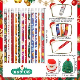 RUIYELE Christmas Stationery Set - 60 Pieces Christmas Pencils with Eraser Santa Claus Christmas Tree Reindeer Pattern Pencils, 2 Pieces Cartoon Christmas Pencil Sharpener for Students