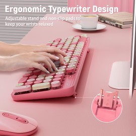 Wireless Keyboard and Mouse Combo, Round Keycaps, Retro Typewriter Keyboard Silent, Auto Sleep, 2.4G Wireless Connection for PC/Windows/Mac (Pink)