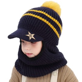 iNszkoos Kids Winter Hat with Ear Flaps and Scarf Baby Boys Girls Toddler Scarf Hat Thick Warm Cute Knitted Hat Pom Beanie Hat Winter Hat Scarf with Fleece Lining for 2-6 Years, navy