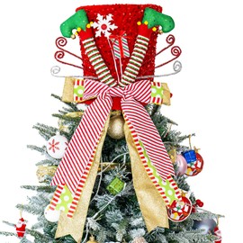 Christmas Tree Topper Hat, Elf Legs Xmas Tree Toppers Large Red Hat with Lengthened Ribbon, Christmas Tree Ornaments for Christmas Holiday