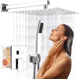 PGKKLE 12 Inch Rainfall Shower System - Wall Mounted Complete Combo with Solid Brass Pressure Balancing Valve, High Pressure Shower Head, Handle Set & Installation Accessories Chrome