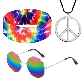 MUNSKT 3 Pieces Hippie Costume Set Hippie Sunflower Headband Peace Sign Necklace Round Sunglasses for Fancy Dress Accessory