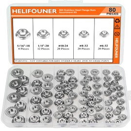 HELIFOUNER 80 Pieces 5 Sizes Flange Nuts, Serrated Flange Hex Lock Nuts Assortment Kit, 304 Stainless Steel (#6-32#8-32#10-24 1/4"-20 5/16"-18)