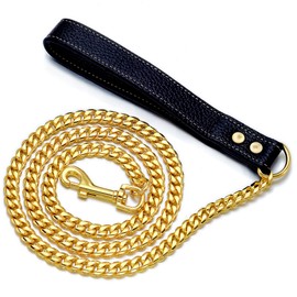 LuxLife Dog Chain Leash 3FT 4.3FT 18K Gold Stainless Steel 12mm Cuban Link Dog Leash with Comfortable Genuine Leather Handle for Puppy Small Medium Large Dogs(S, 3FT)
