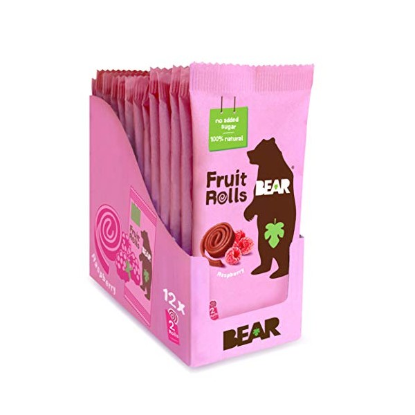 BEAR Real Fruit Snack Rolls - Gluten Free, Vegan, and Non-GMO - Raspberry – 12 Pack (2 Rolls Per Pack) - Healthy School And Lunch Snacks For Kids And Adults
