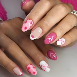 Cute Heart French Tip Fake Nails Romantic Press on Nails Long Oval Acrylic Glue on Nails Reusable Stick on Nails for Women