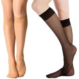 Yilanmy 12 Pairs Knee High Stockings Black Nude Sheer Pop Socks Soft 15 DEN Nylon Socks for Women (6 pairs natural+6 pairs black)