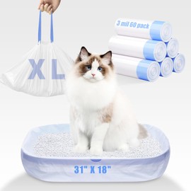 60 Pack Jumbo Cat Litter Bags - 3MIL Extra Thick Leakproof Litter Box Liners, 31"x18" Heavy Duty Drawstring Cat Litter Liners for Automatic Litter Box, Odor Control Disposable Kitty Litter Bags 6 Roll