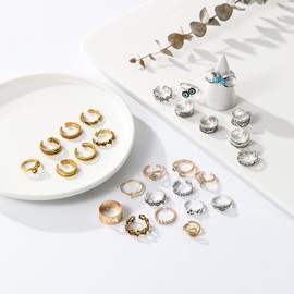Acruccen Juego de 27 anillos de punta abierta para mujer, ajustables, clásico, retro, para verano, playa, pies, joyería bohemia para nudillos, Aleación, chapado en oro, plata, Diamantes de imitación