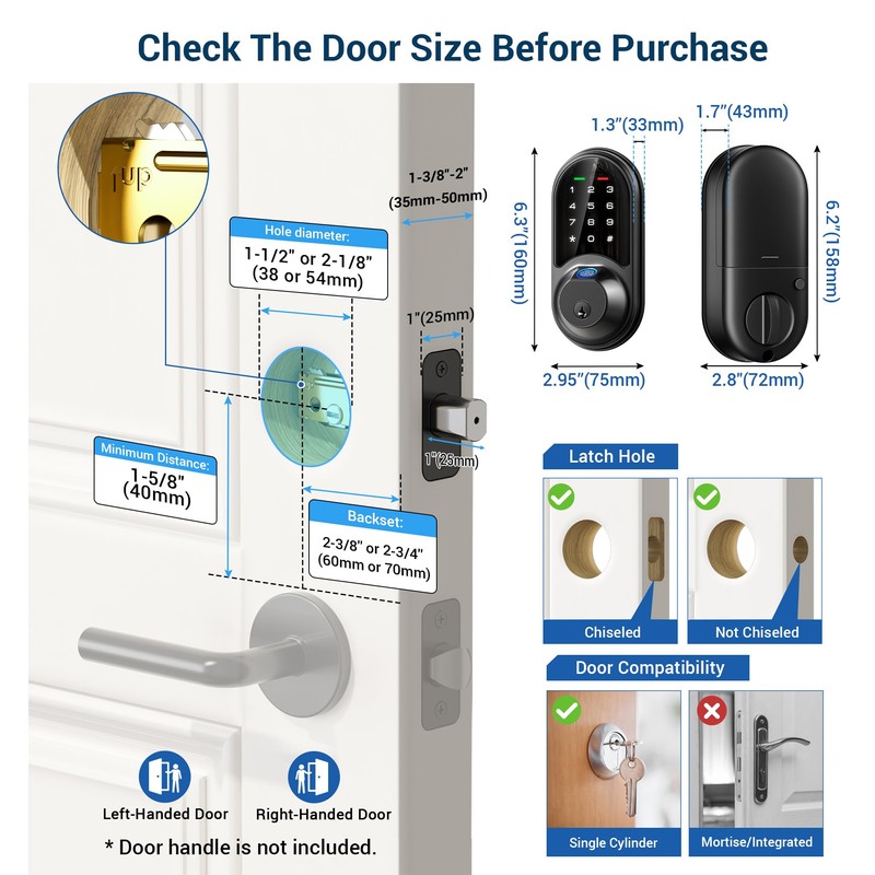 Veise RZ07 Smart Lock, Fingerprint Door Lock, 7-in-1 Keyless Entry