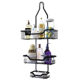 Shower Caddy Over Shower Head Rustproof Aluminum Large Hanging Shower Caddy with 12 Hooks for Razor/Sponge and Vacuum Suction Cups - Over The Shower Head Caddy with Soap Basket (Matte Black)