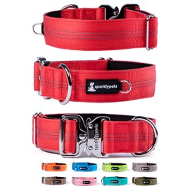 SparklyPets Heavy Duty Wide Dog Collar with Quick Release Chrome Buckle – Tactical Dog Collar with Reflective Stripes & Soft Lining – Thick Dog Collars for Large & Medium Dogs (Red)