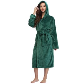 RONGTAI Womens Robes Plush Fleece Emerald Green Hooded Bathrobe Thick Nightgown with Pockets Fluffy Sleepwear XX-Large