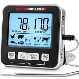 Alpha Grillers - Termómetro digital para carne, sonda con cable para horno y parrilla | 7 alertas de temperatura preestablecidas, temporizador y alarm