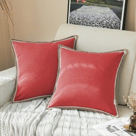 FY FIBER HOUSE Pack of 2 Farmhouse Decorative Throw Pillow Covers, Faux Burlap Linen Trimmed Tailored Edges Cushion Cover Pillowcases for Couch, Sofa, Decor, Bedroom, Rococco Red 16 x 16 inches