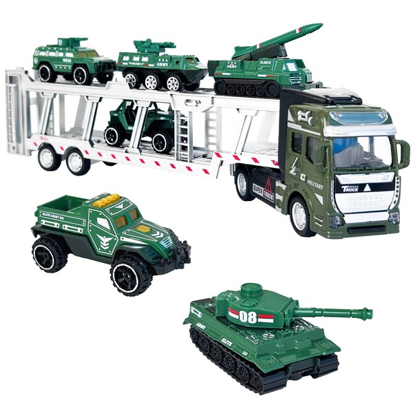 CORPER TOYS Alloy Tank Toy, Armored Combat Vehicle, 2 in 1 Carrier Car, Loading Car, Tank, Armoured Vehicle, Military Vehicle, Set of 7, Mini Car Set, Car Toy, Christmas Gift, Green