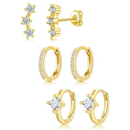 3Pairs Silver 14K Gold Stud Hoop Earrings Set for Women Girls, Hypoallergenic Silver Earrings Stacks Dainty Small Cubic Zirconia Stud Hoop Earring Cartilage Sleeper Earrings Set for Multiple Piercings