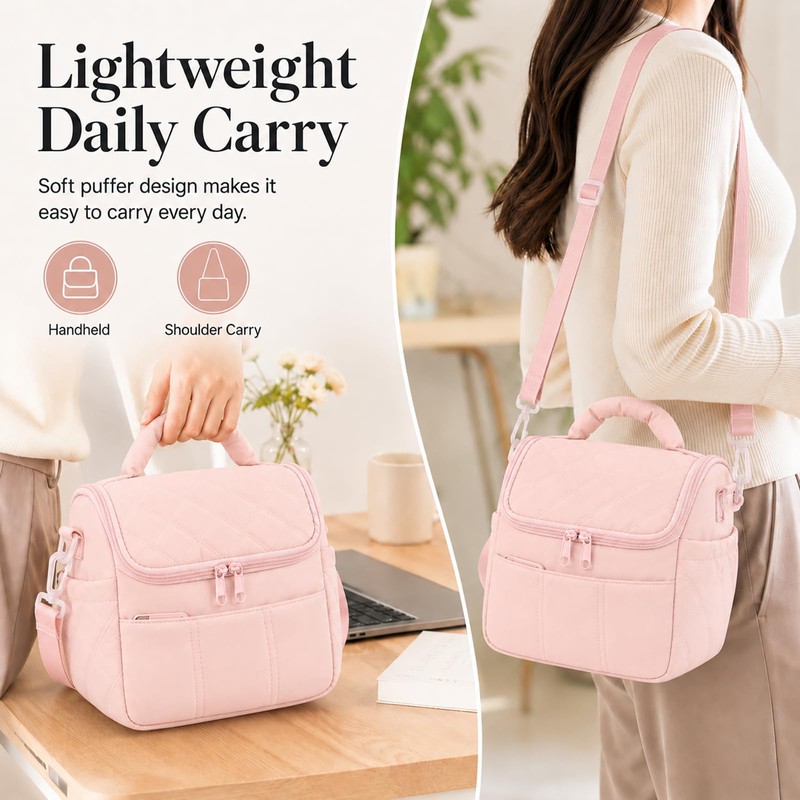 Lunch Bag for Women Insulated Pink Lunch Box Quilted Puffer