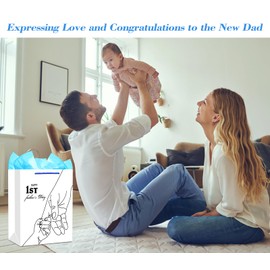 WhatSign First Fathers Day Gift Bag - 11.5" Medium First Time Dad Fathers Day Gift Bags with Tissue Paper and Handle Happy 1st Father's Day Paper Bag for New Dad from Wife Baby Girl Boy