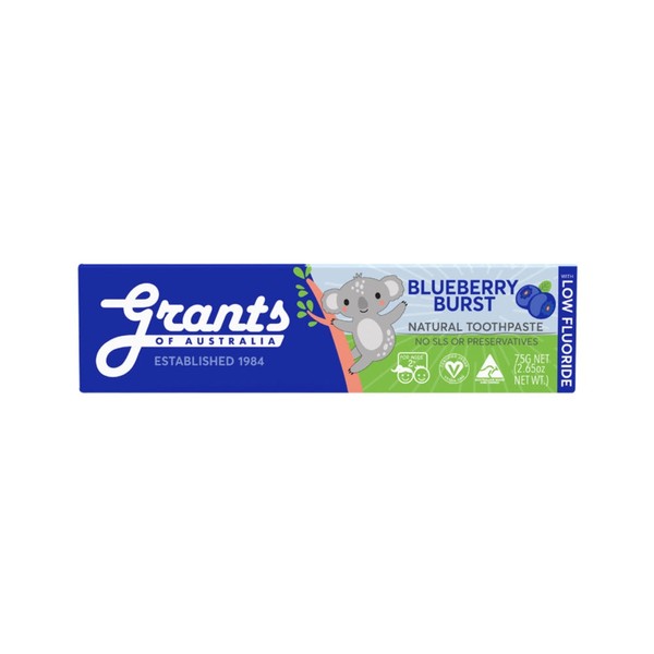 Grants Natural Toothpaste Kids Blueberry Burst 75g (Low Fluoride or Fluoride Free Option), Grants Natural Toothpaste Kids Blueberry Burst Low Fluoride 75g