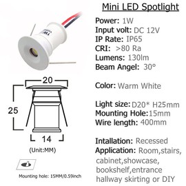 Quentacy DC12V 1W Mini LED Spotlight Jewelry Indoor Display Showcase Counter Ceiling Recessed Light RV Micro Reading Lighting 3000K White Shell 10Pack