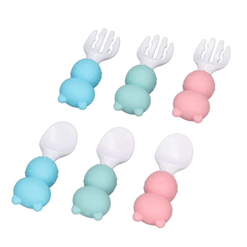 Baby Spoons Forks Set Short Handle Silicone Self Feeding Utensils