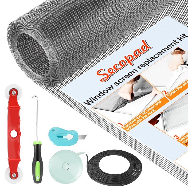Secopad Window Screens Replacement Repair Kit, Grey Screen Door Mesh