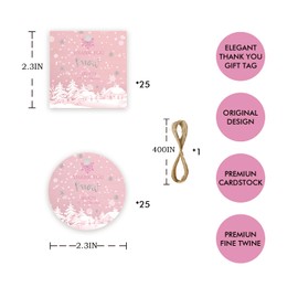 50pcs Snowflake Thank You Tags, Christmas Gift Tag with String for Winter Party, Pink Snow Round Thank You Paper Tags for Christmas Holiday Themed Party Favors