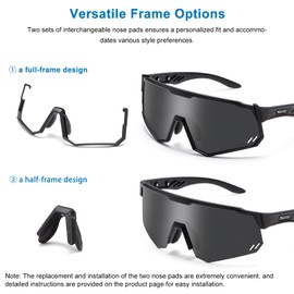 MooFee Sports Sunglasses, Men and Women's Cycling Glasses 2 Interchangeable Adjustable Nose Pads UV400 Protection TR90 Frame (Black Polarized Sunglasses)