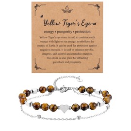 Jovivi Tigers Eye Silver Heart Bracelet for Women Healing Crystal Beaded Layered Dainty Chain Bracelets Womens Gifts for Mum Birthday Presents