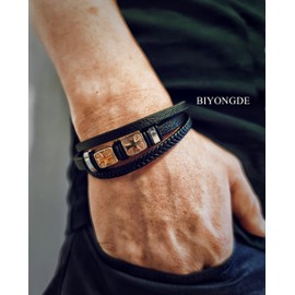 BIYONGDE Black braided Leather Bangle Bracelet, Mens Womens Steel Gold Color Cross Cube Bead Charms,Prayer