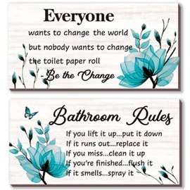 DONFENTHY 2 Pieces Teal Bathroom Decor Bathroom Rules Wall Art Flower Rules Signs Rustic Farmhouse Woode Wall Sign for Toilet Wall Decor (Teal 12x6 Inch)