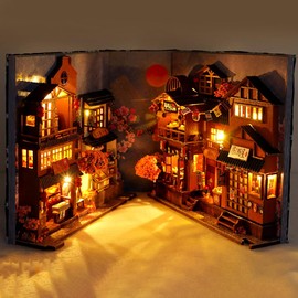 YANGUN DIY Book Nook Kit, 3D Wooden Puzzle House, DIY Miniature Dollhouse Booknook Kit, Model Kits for Adults to Build with LED Light, Mini Doll House Creativity Gift for Teens (Cherry Blossom Alley)