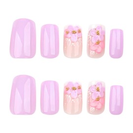 3D Flower Medium Square Press on Nails Fake Nails French Tip with 3D Purple Floral Design Full Cover Glossy Glue on Nails Acrylic False Nails for Women Girls 24 Pcs (P-15, M-15)