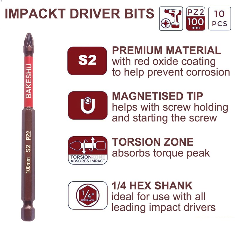 BAKESHU Pozidriv PZ2 Magnetic Impact Driver Bits, Heavy Duty Magnetic